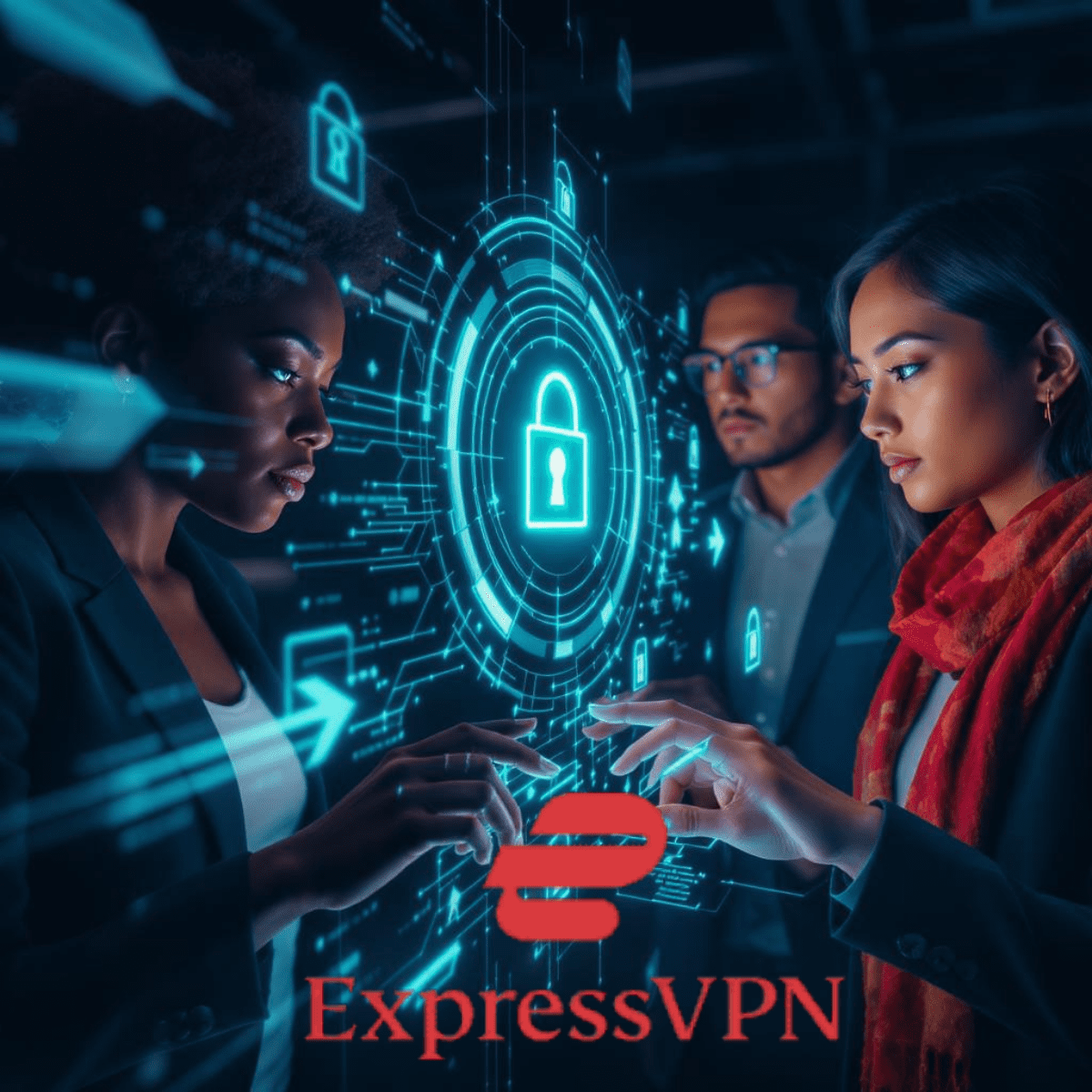 ExpressVPN security features infographic: AES-256 encryption, Network Lock kill switch, TrustedServer RAM-only servers, Private DNS