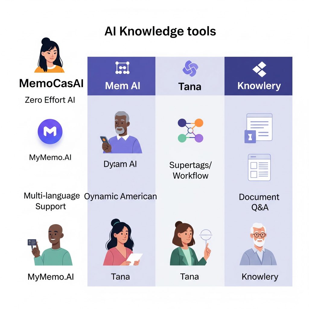 Comparison chart of MyMemo.AI versus other AI knowledge tools like Mem AI, Tana, and Knowlery