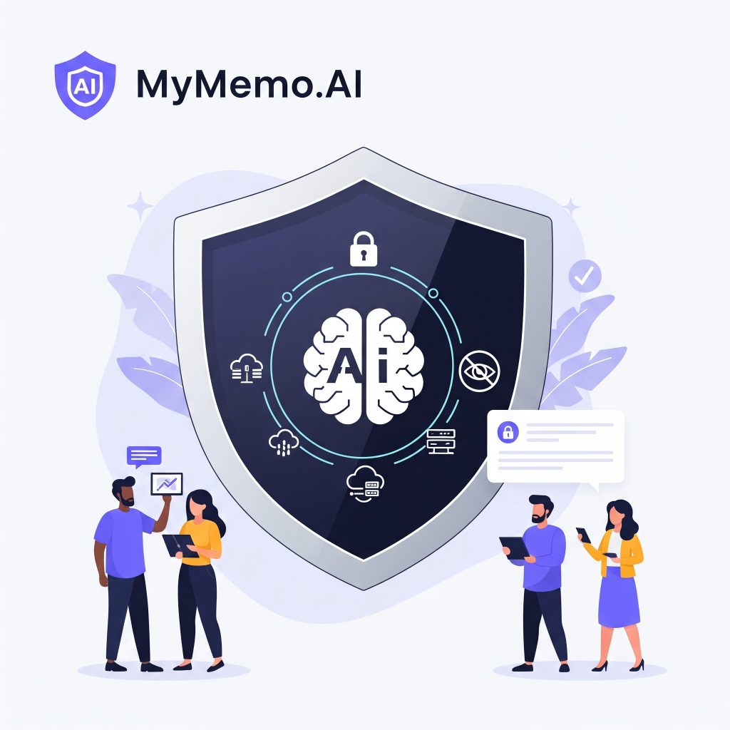 MyMemo.AI data security and privacy shield with encryption and cloud server icons