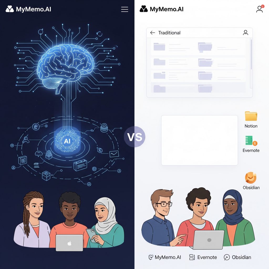 Comparison of MyMemo.AI's AI-first approach versus traditional knowledge management tools like Notion, Evernote, and Obsidian