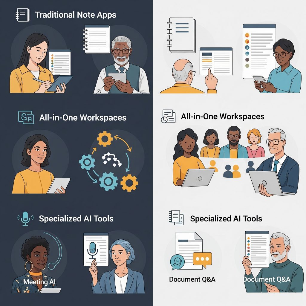 Overview of MyMemo.AI alternatives including traditional note-taking apps, all-in-one workspaces, and specialized AI tools