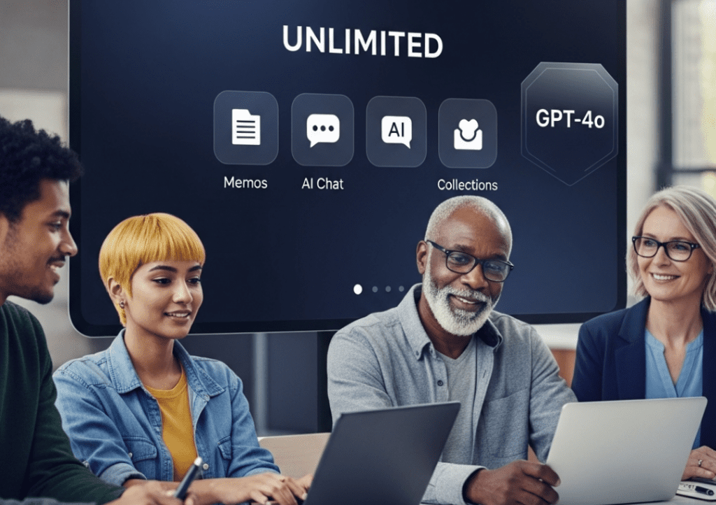 MyMemo.AI Pro Plan features: unlimited AI chat, 1000 memos per month, MemoCast, and advanced image recognition