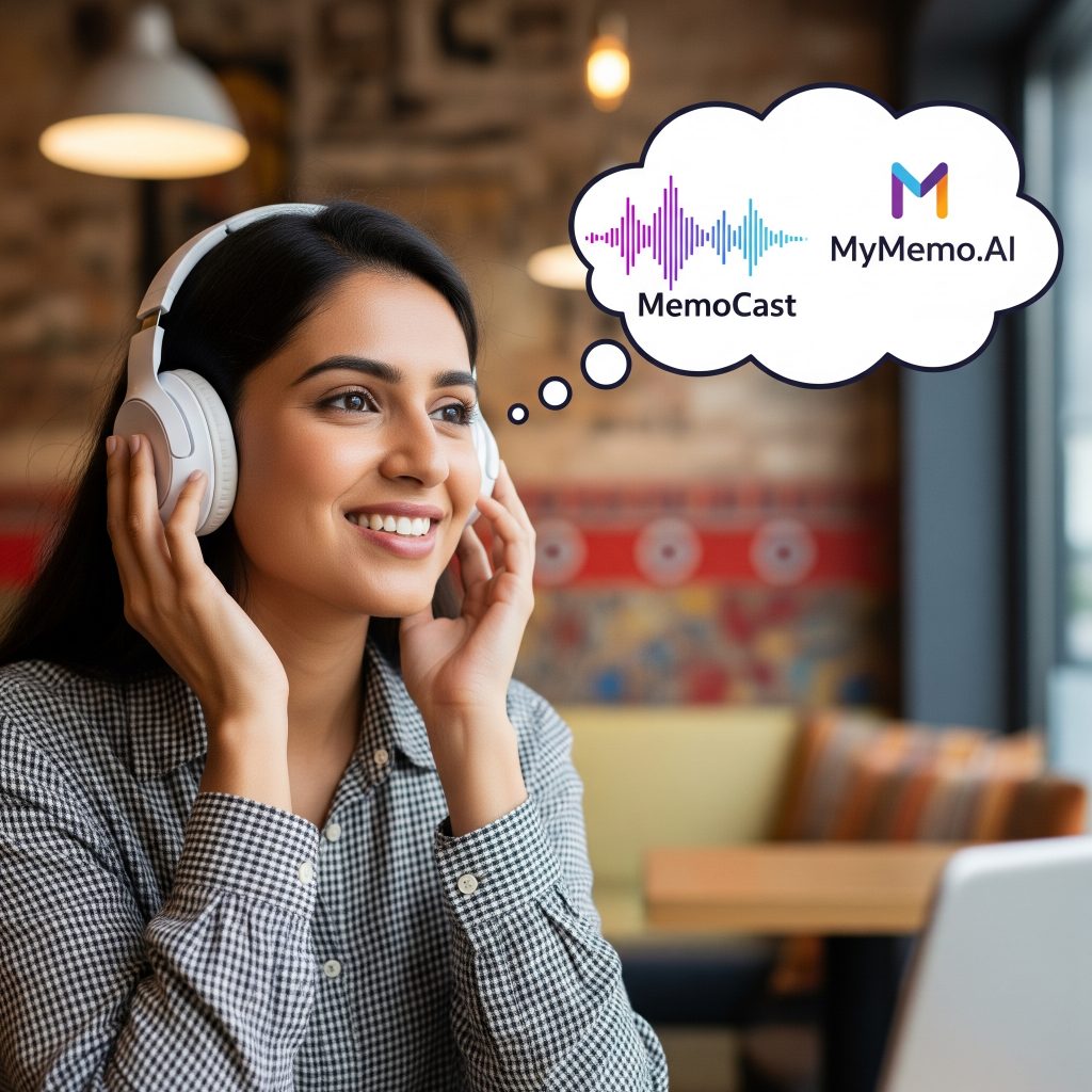 Diverse person using MyMemo.AI MemoCast to listen to AI-generated audio summaries for learning and productivity