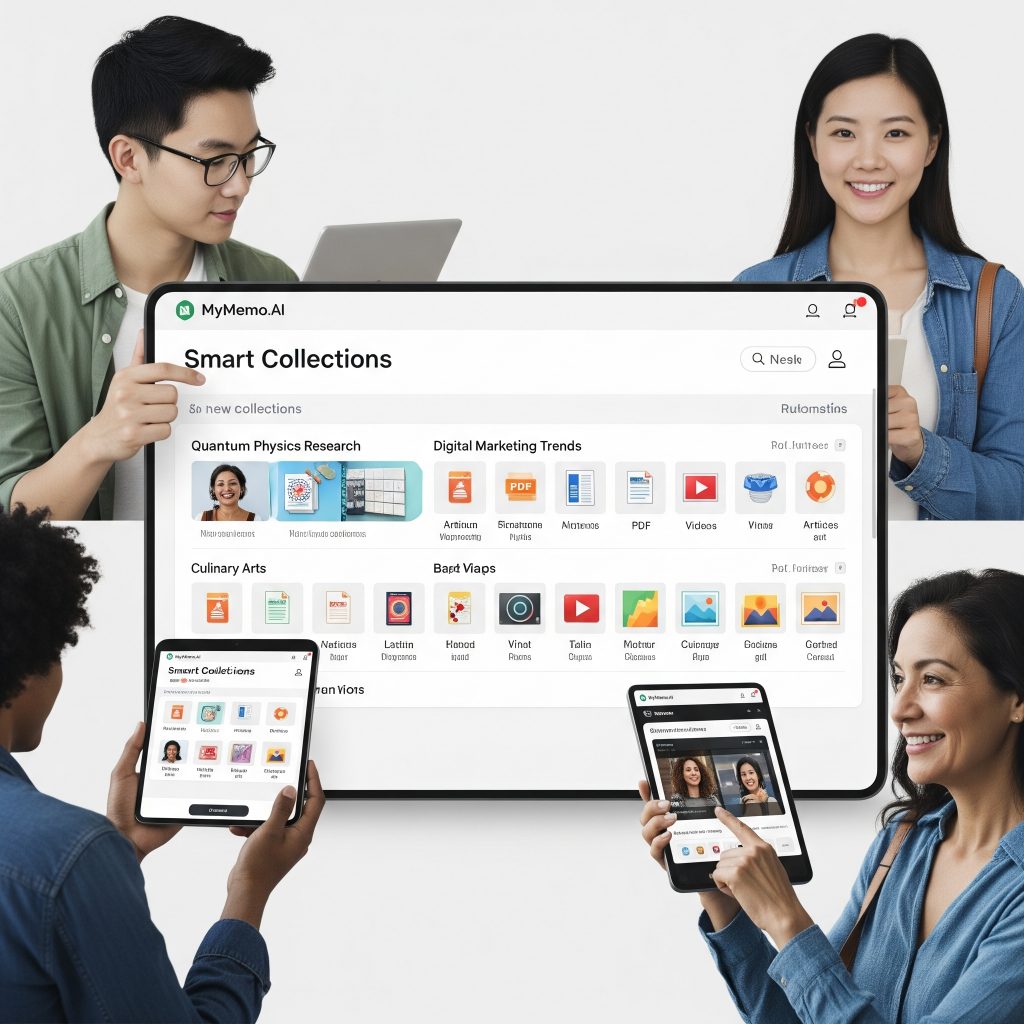 MyMemo.AI Smart Collections automatically organizing diverse digital content into thematic groups