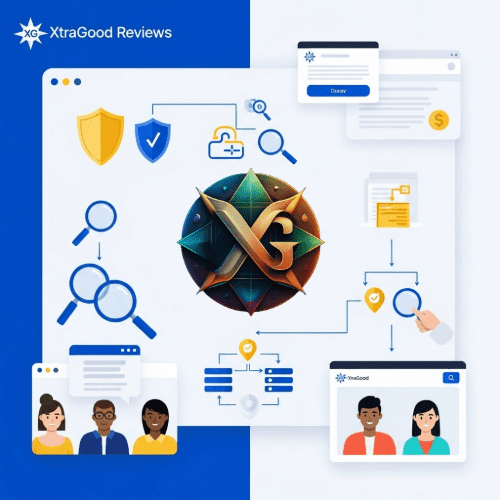 A diagram illustrating the XtraGood review methodology, which is built on our core principles of trust and in-depth analysis.