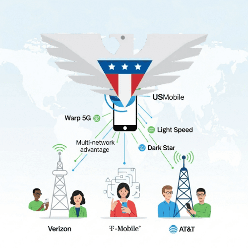 Alt Tag Suggestion: USMobile multi-network advantage infographic showing Warp 5G, Light Speed, Dark Star coverage