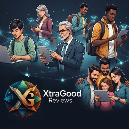 XtraGood Reviews logo with diverse individuals using best digital products for an elevated online life