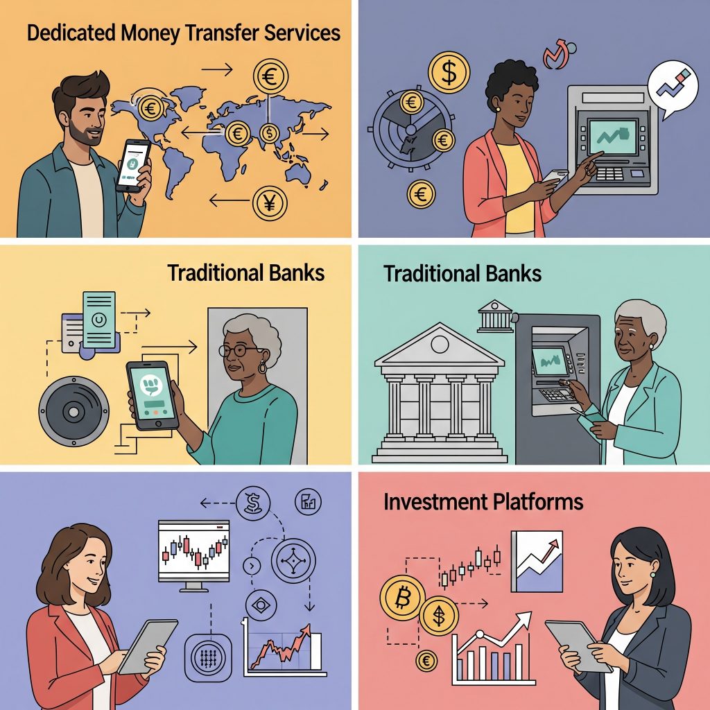 Overview of Revolut alternatives including dedicated money transfer services, traditional banks, and investment platforms